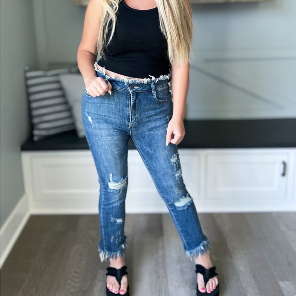 RISEN Frayed Cutoff Waist & Cuff Cropped Ankle Distressed 1XL